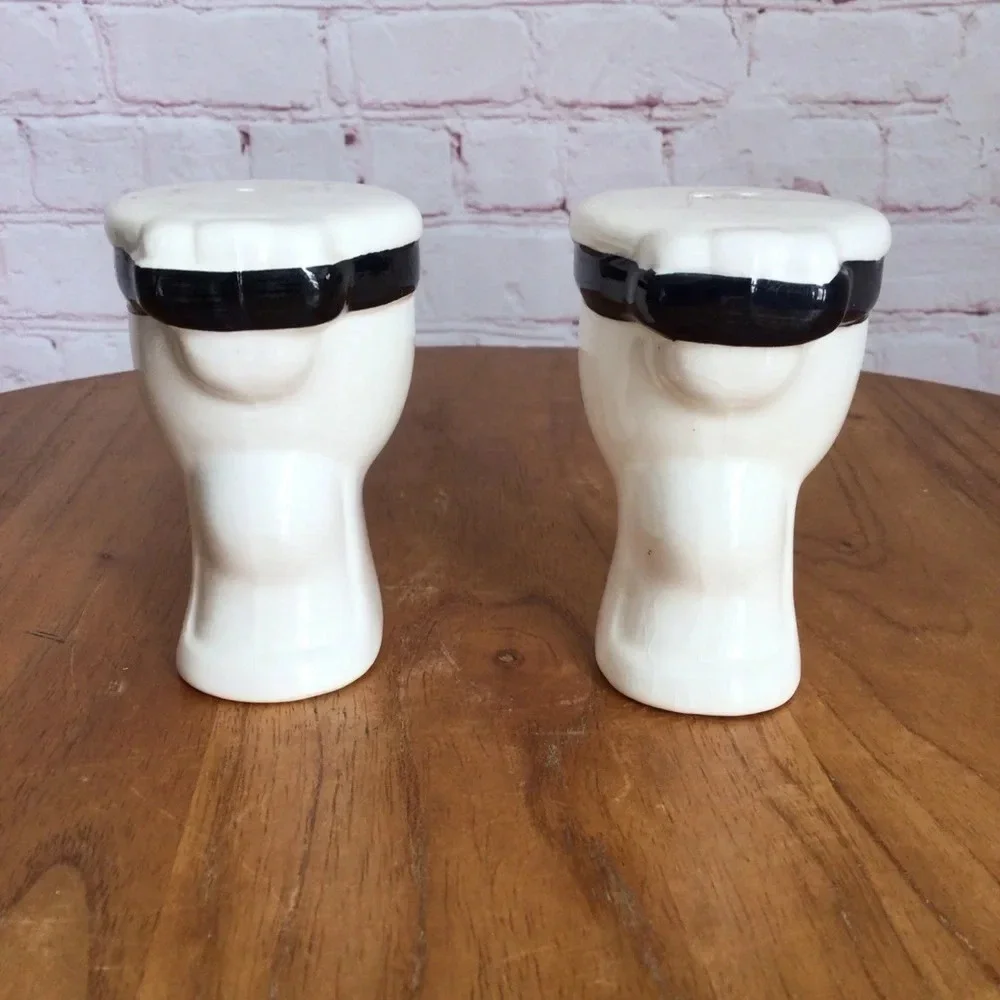 Vintage Hand Painted Black and White Ceramic Toilet Salt and Pepper Shaker Pair